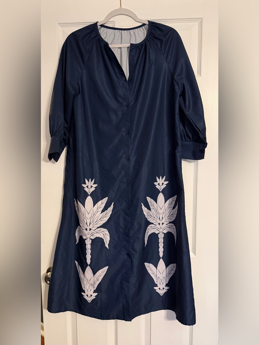 Navy Button-Front Midi Dress with White Floral Motif